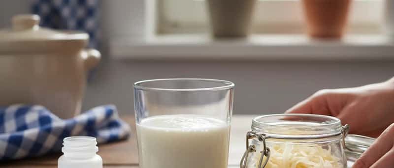 Probiotika-Kapseln neben einem Glas selbst gemachtem Kefir und frischem Sauerkraut auf einem Holztisch