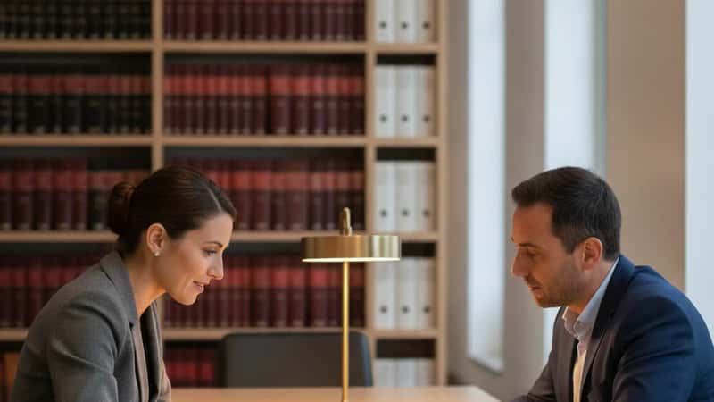Homme de 45 ans en consultation avec un avocat dans un cabinet juridique à Nantes, le juriste explique des options sur des documents, lampe de bureau chaleureuse, atmosphère professionnelle rassurante