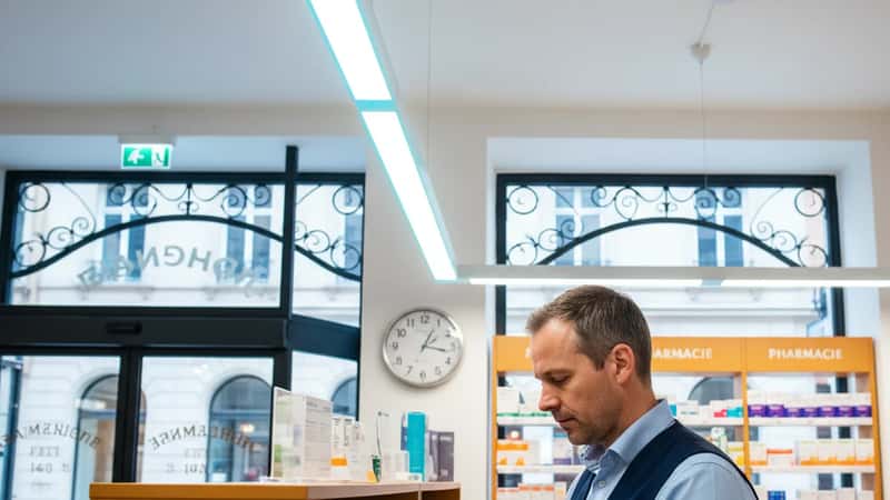 Apoteksanställd man på helgskift i Göteborg apotek med medicinationshyllor och klocka synlig på helgdag