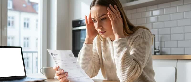 Mieterin prüft Nebenkostenabrechnung an ihrem Küchentisch in einer deutschen Wohnung