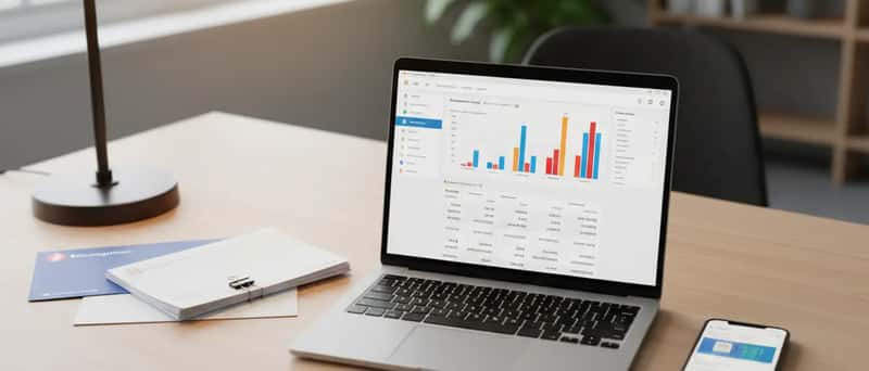 Laptop met boekhoudsoftware en facturen op een opgeruimd bureau in een Nederlands kantoor