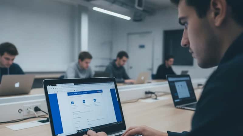 Étudiant tapant sur un ordinateur dans une salle informatique universitaire pour compléter son Dossier Social Étudiant