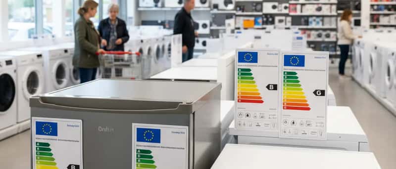 Étiquettes énergie européennes de classe A à G affichées sur des appareils électroménagers dans un magasin