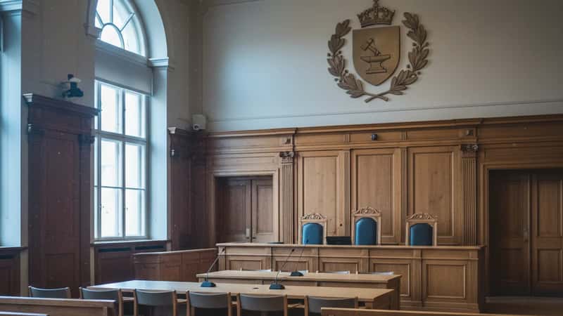 Arbetsdomstolens samlingssal i Stockholm med traditionell trä-inredning och institutionell auktoritet i arbetsrättstvister