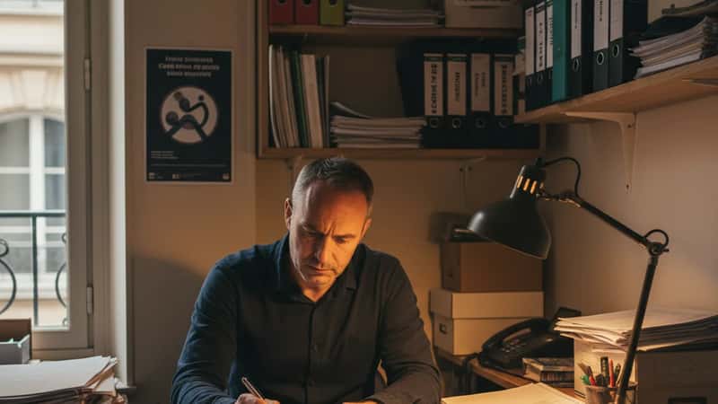 A Milwaukee restaurant manager examining weekly payroll sheets at a cluttered back office desk, incandescent desk lamp illuminating the pages