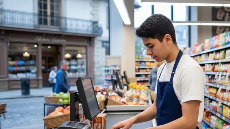 A Green Bay Wisconsin grocery store checkout with a young Hispanic male worker scanning items at a register under cold fluorescent lighting