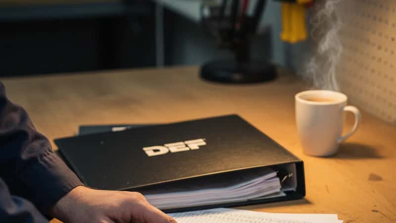 Dansk elektriker fra Odense gennemgår løndokumenter ved arbejdsbænk i el-værksted