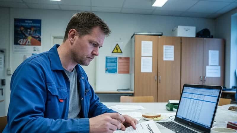 Elektriker i Aalborg studerer overenskomstdokumenter ved bord i virksomhedens pauserum