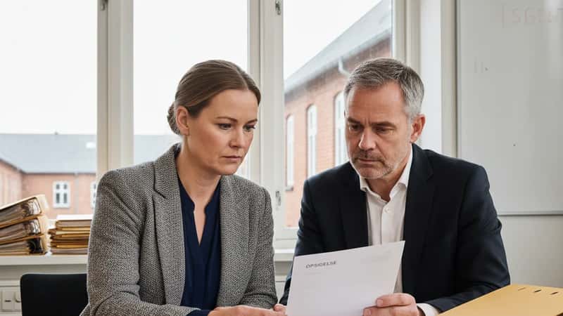 Gymnasielærer og fagforeningsjurist gennemgår opsigelsesdokumenter i Kolding