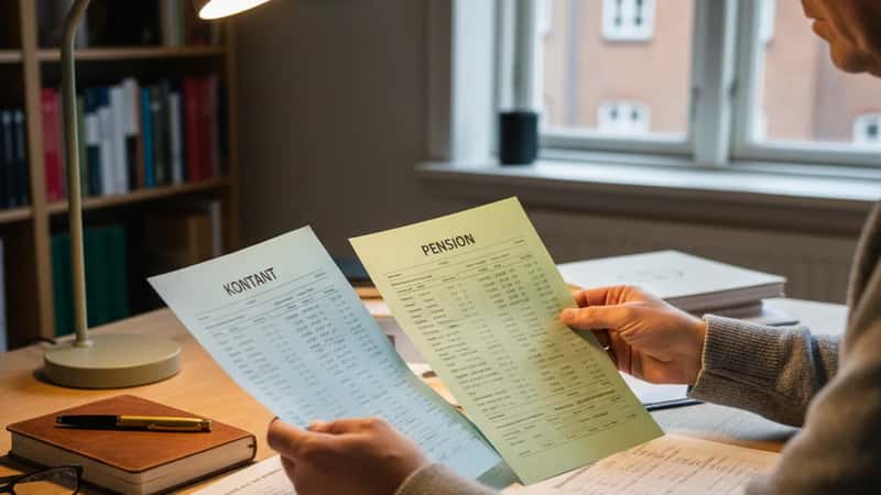 Tæt på danske akademikerhænder der sammenligner to pensionsberegningstabs ved et kontorskrivebord i Aarhus, varmt skrivebordslampe-lys, finansielle dokumenter