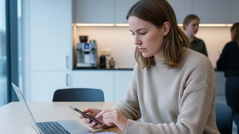 34-årig dansk kvindelig postdok i Odense beregner pension på telefon ved siden af PKA-pensionstabeller i et universitetspauselokale, koldt overskyet lys