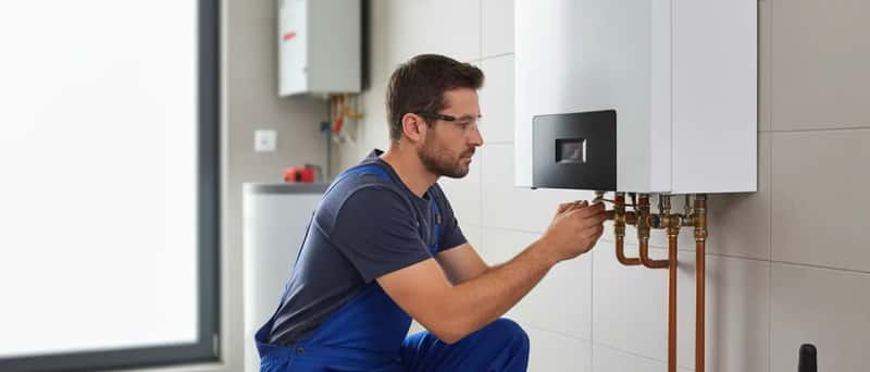 Technicien RGE installant une pompe à chaleur air-eau dans une maison française