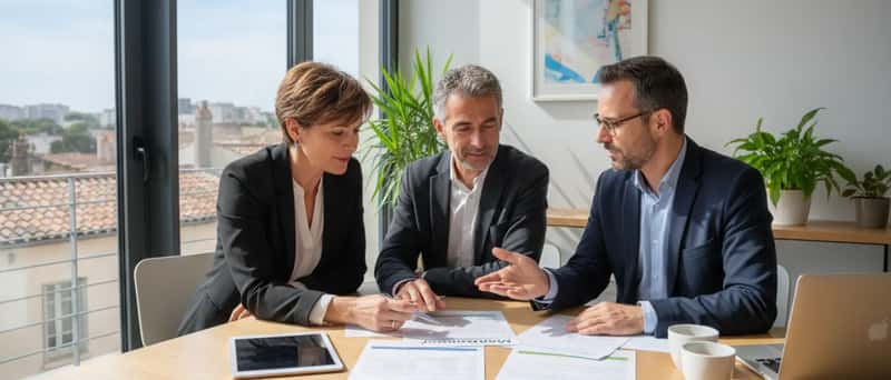 Couple français examinant des documents MaPrimeRénov avec un conseiller financier