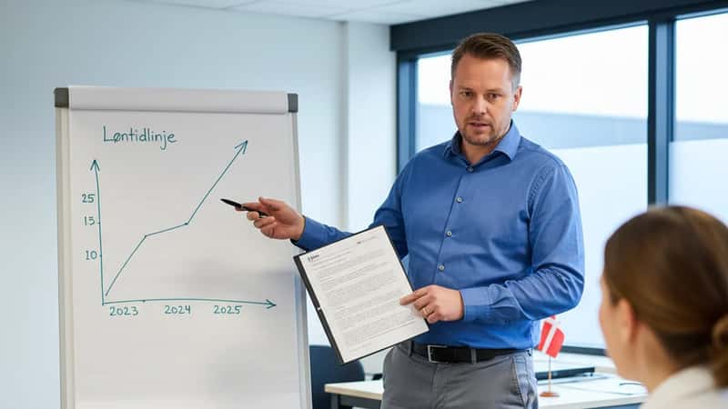 HR-medarbejder i Odense fremlægger lønstigningstabel fra Funktionæroverenskomsten 2025-2028 på whiteboard for kollega
