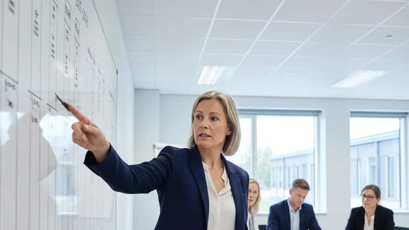 HR-chef i Aarhus præsenterer 2025-2028 oversigt med løn- og pensionskolonner på whiteboard