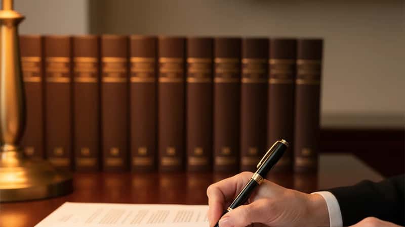 An attorney in a Boston financial planning office reviews estate documents — close-up of hands signing a legal contract with fountain pen and legal binders