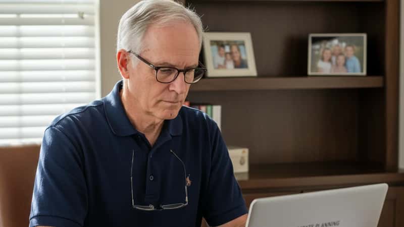 A man in an Austin, Texas home office reviews estate planning statements on a laptop — reading glasses on, family photos on bookshelf behind him