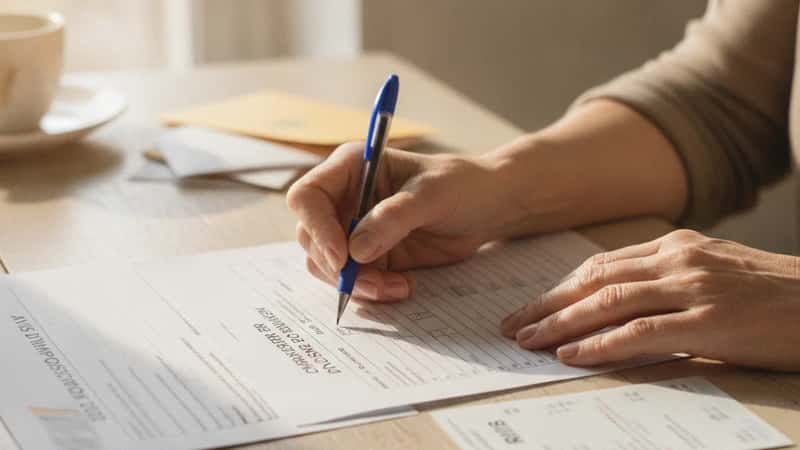 Mains de retraitée française examinant un dossier de pension de réversion avec formulaire Cerfa et avis d'imposition sur une table en bois à Bordeaux