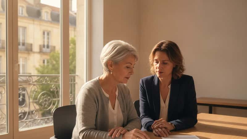 Conseillère en gestion de patrimoine et cliente retraitée de 60 ans examinant des documents de pension dans un cabinet à Bordeaux, ambiance professionnelle et bienveillante