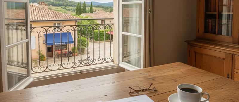 Finanzdokumente mit Kostenvergleich auf einem Holzschreibtisch neben Lesebrille und Kaffeetasse