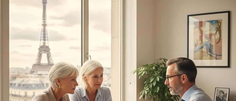 Österreichisches Paar in den Sechzigern im Gespräch mit einem Finanzberater in einem modernen Wiener Büro