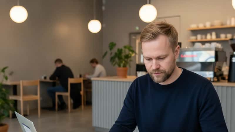 Suomalainen mies arvioi pankkilaskelmia kahvilassa Turussa ennen osakesäästötilin avaamista