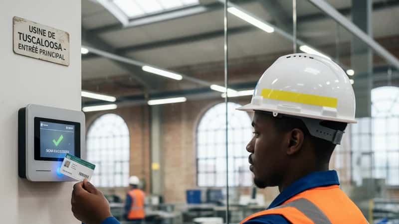 Factory worker in safety vest scanning badge at a time clock station in a Tuscaloosa Alabama manufacturing plant