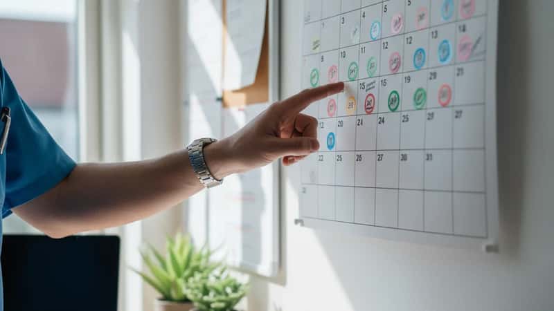 Nærbillede af et ferieplanlægningskalender med farvede markeringer på Esbjerg hospital, en læges hånd peger på en dato