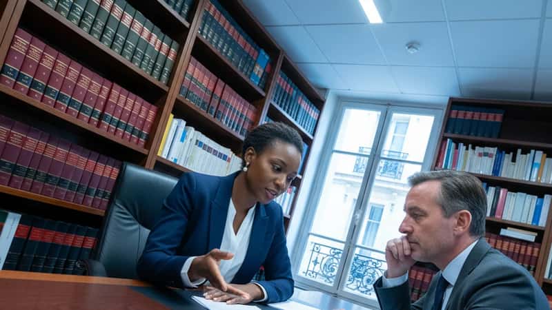 Employment attorney in Augusta Maine law office explaining overtime rights to a client — legal consultation on wage compliance