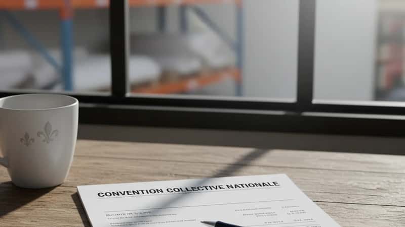 Deux salariés d'un entrepôt de commerce de gros textile en région parisienne consultant un document contractuel ensemble