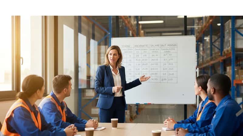 Responsable RH expliquant la grille salariale de la convention collective IDCC 500 à des salariés dans une salle de réunion d'un entrepôt logistique en Île-de-France