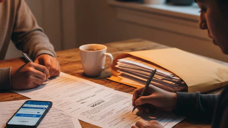 Manos de joven latino completando formularios USCIS de renovación DACA en mesa de cocina en Chicago