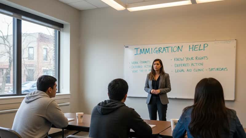 Jóvenes latinos en taller legal comunitario en Chicago escuchando orientación sobre inmigración y DACA