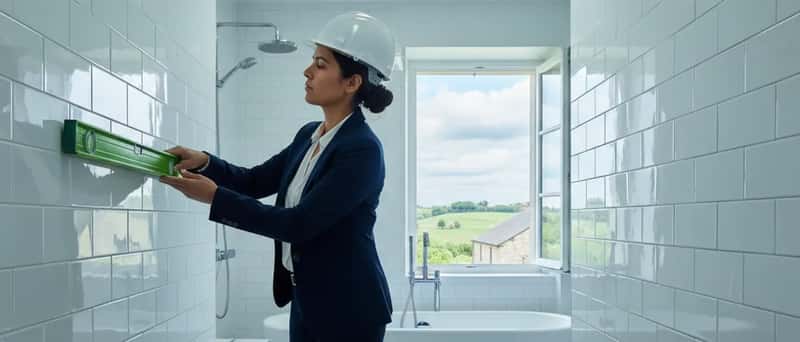 Building inspector checking grout lines in a freshly tiled bathroom with a spirit level