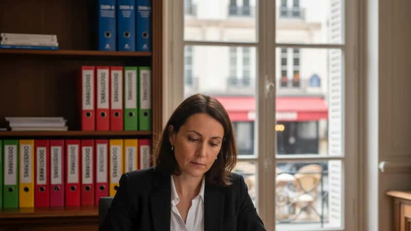 Psychologue clinicienne française en consultation à Paris, examinant un questionnaire standardisé pour évaluer les symptômes dissociatifs d'un patient