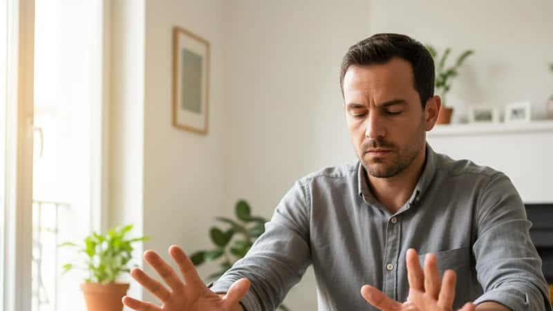 Homme français pratiquant une technique d'ancrage (grounding) — mains sur une table en bois, yeux fermés, dans un appartement de Bordeaux, exercice de reconcentration mentale