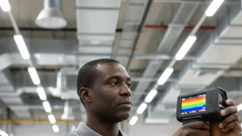 Energy auditor using a thermal imaging camera in a commercial building in Chicago, scanning ductwork for heat loss