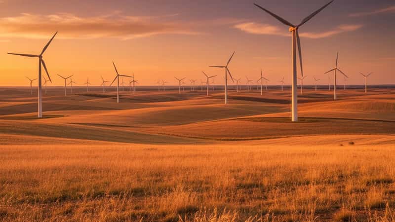 Panoramic view of a Texas wind farm at golden hour, rows of white turbines across flat prairie under a dramatic orange sky