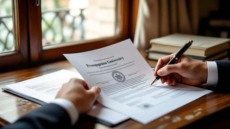 Mãos segurando dois documentos em paralelo — um diploma estrangeiro com carimbo de apostila e um formulário administrativo português — sobre uma mesa de madeira iluminada por luz natural