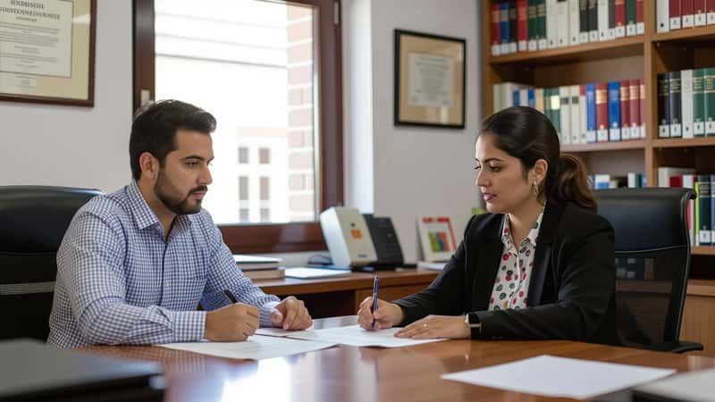 Em Coimbra, um homem sul-americano de 40 anos em vestuário business casual sentado em frente a uma funcionária de secretaria universitária, ambos a rever transcrições académicas, escritório institucional com estantes e diplomas emoldurados na parede