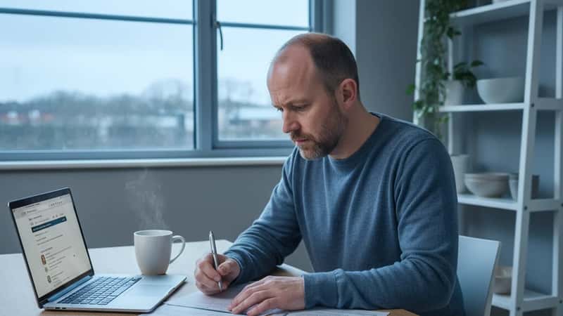 Pet owner in Manchester reviewing pet insurance documents on a laptop at a kitchen table, overcast daylight, expression of focused concern while comparing policy options