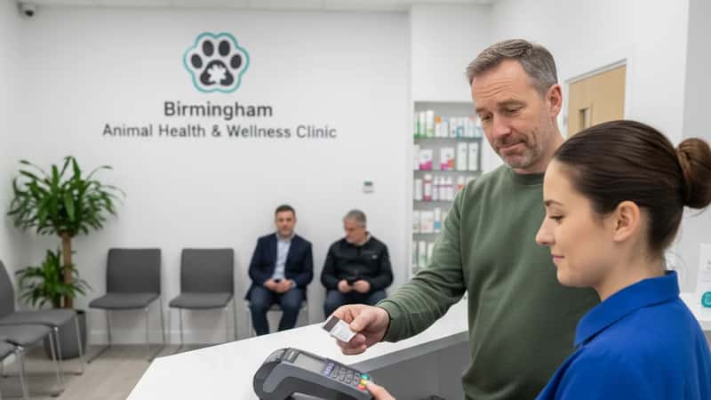 Veterinary receptionist in Birmingham processing a payment at a modern clinic reception desk, British pet owner presenting a card, bright professional clinic lighting, resigned polite expression