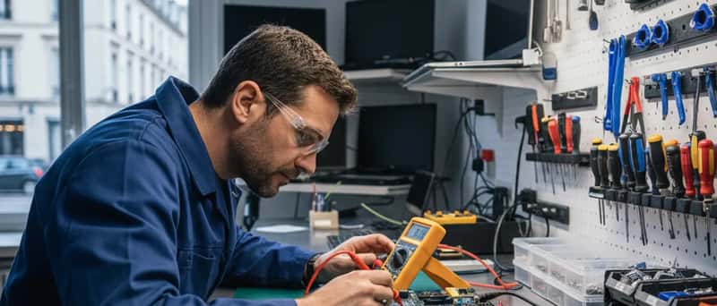Technician testing a laptop motherboard with a multimeter on an organized workbench in a Canadian repair shop