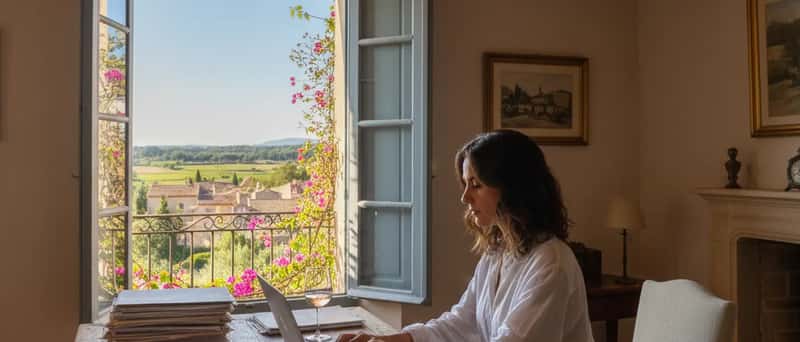 Donna italiana consulta un avvocato online dal suo ufficio domestico con documenti legali sulla scrivania