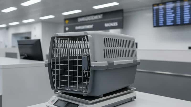 Cage de transport IATA avec passeport vétérinaire et documents posés sur un comptoir d'aéroport avant un vol