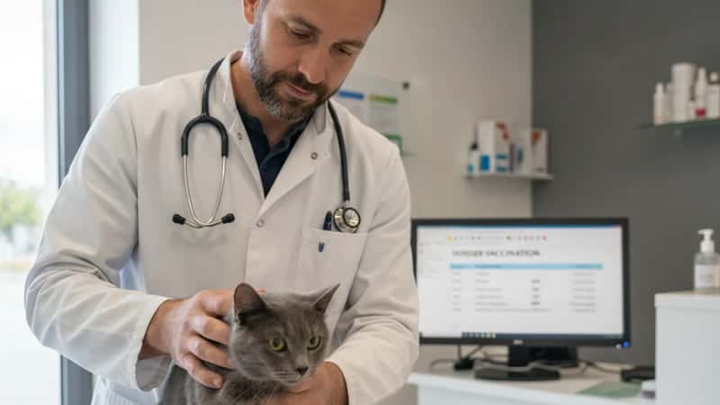 Vétérinaire préparant un certificat de santé pour un chat gris dans un cabinet médical à Bordeaux