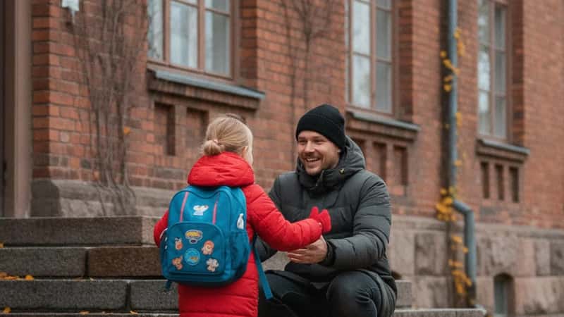 Suomalainen isä Oulussa hakemassa tytärtään koulusta — arkinen huoltajuuden hetki yhteishuoltajuudessa