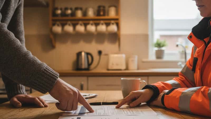 A female MCS-certified installer in a hi-vis jacket and a British homeowner reviewing a heat pump quote and EPC document on a kitchen table in Leeds, UK