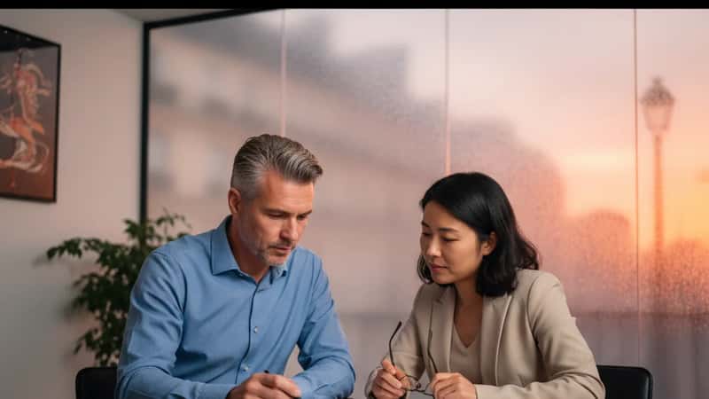 Henderson Nevada employment attorney and employee review non-compete agreement document together in conference room, warm tungsten light