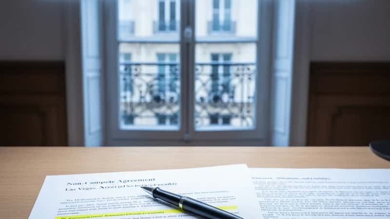 Las Vegas Nevada non-compete agreement document with NRS statute printout and highlighted clauses on desk, cold fluorescent light